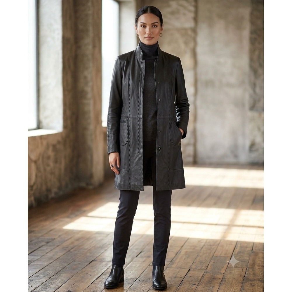 Rizal Black Lamb Leather Coat Mid Length Pick Stitch Jacket Size S